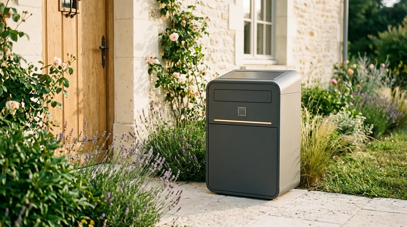 Boîte DAYPOZ P1 Soleil anthracite devant une maison en pierre