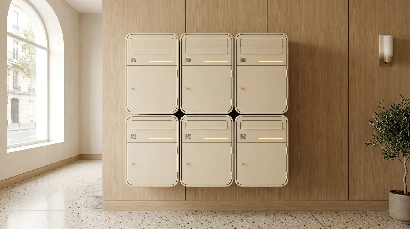 Rack de six boîtes DAYPOZ P2 Urban dans un hall d’immeuble parisien